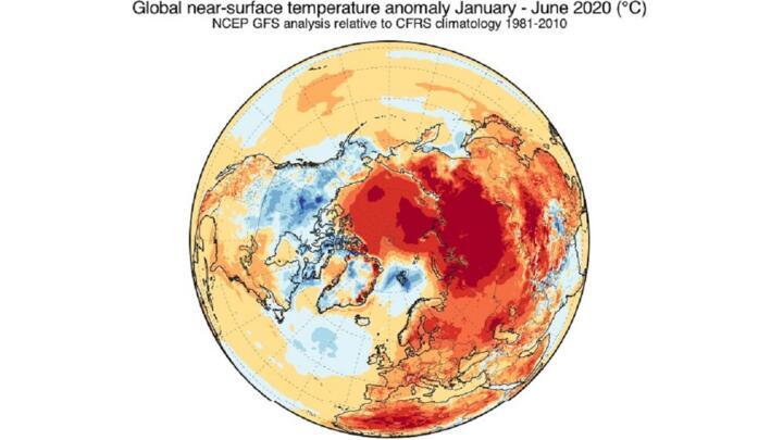 Graph displaying the average temperature between January and June 2020, illustrating the record heatwave in Siberia.
